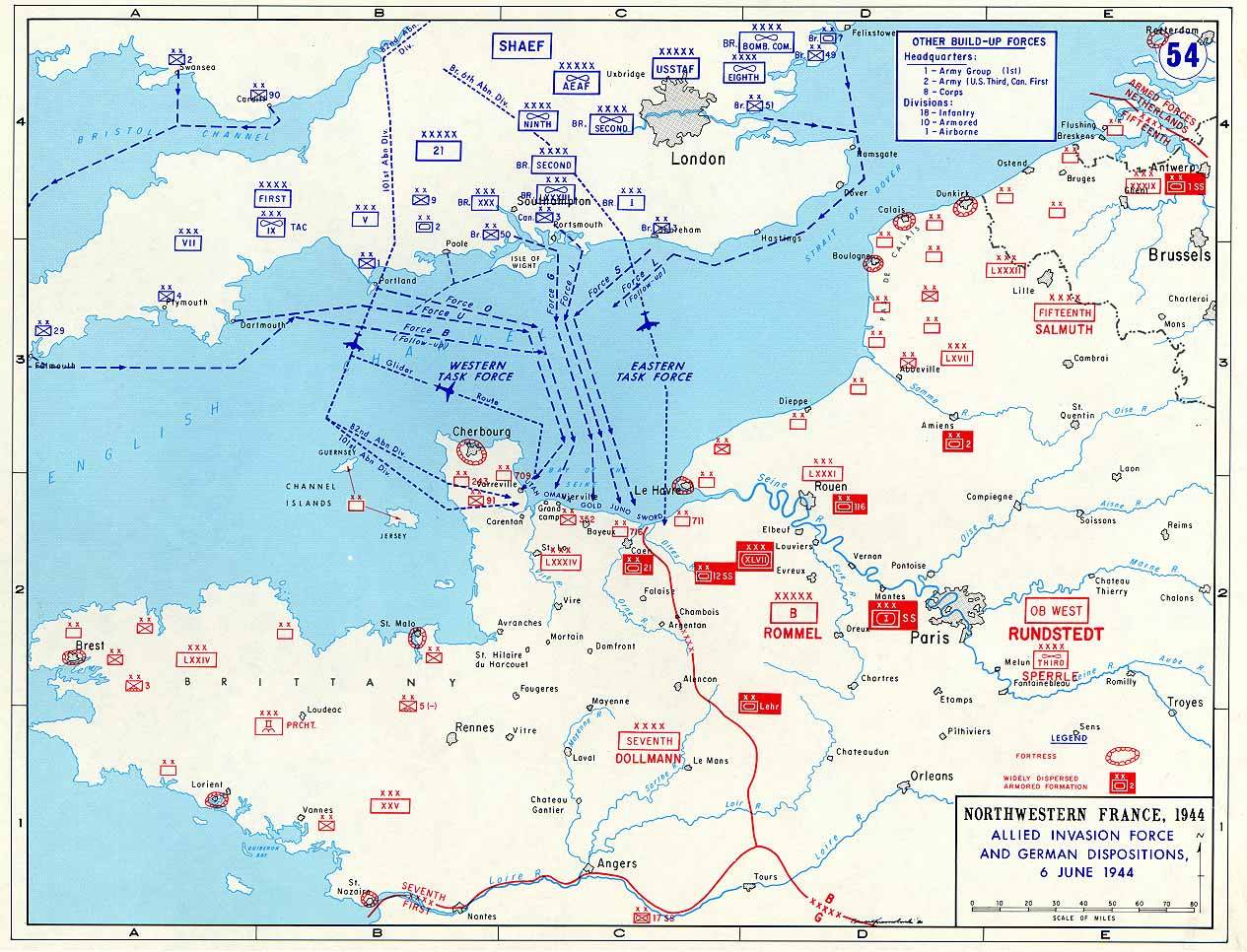 1944年6月6日盟军、德国在英国南部和法国诺曼底部署图 