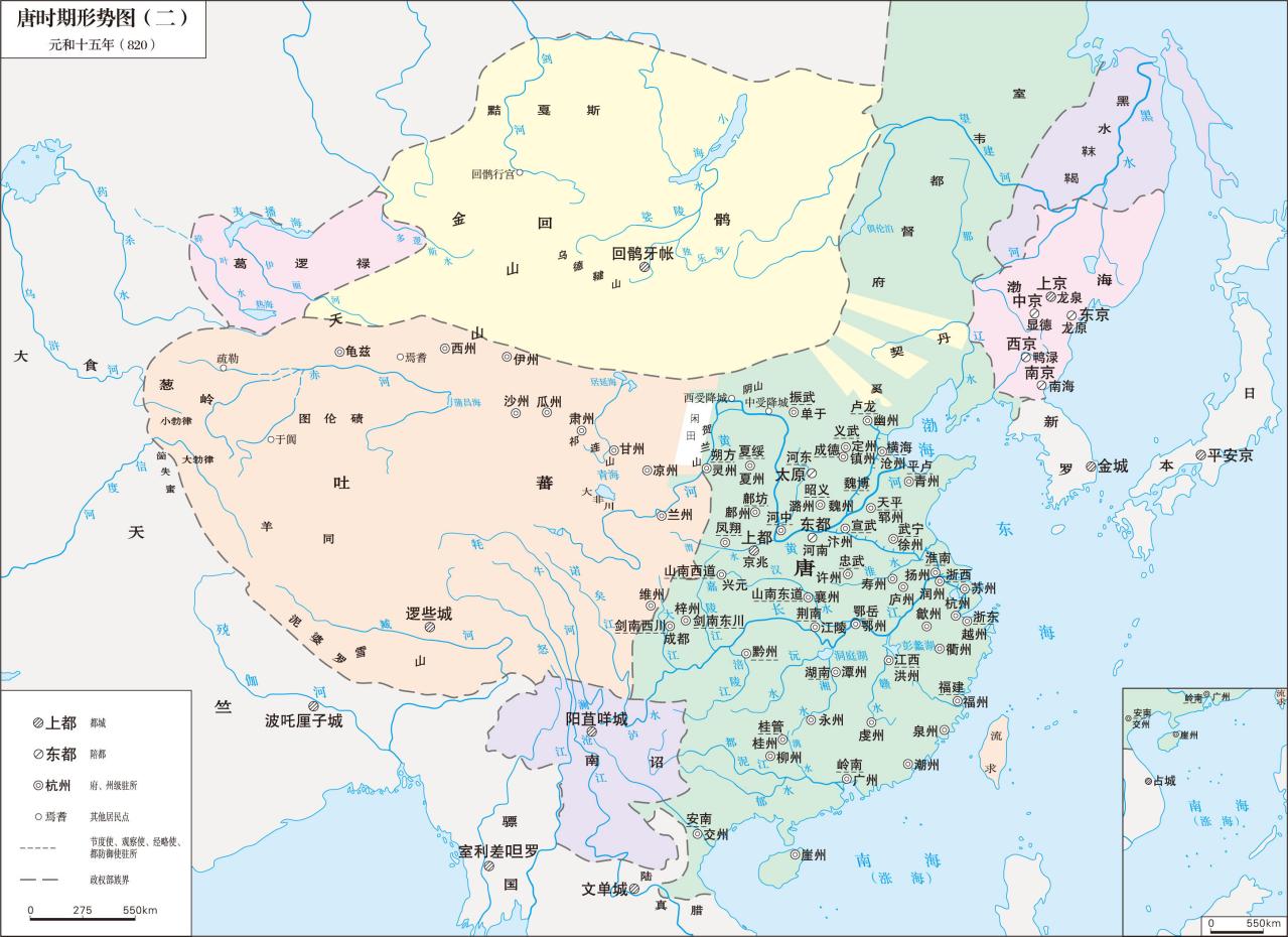 元和十五年（820年）唐朝版图，取自《中国大百科全书》 