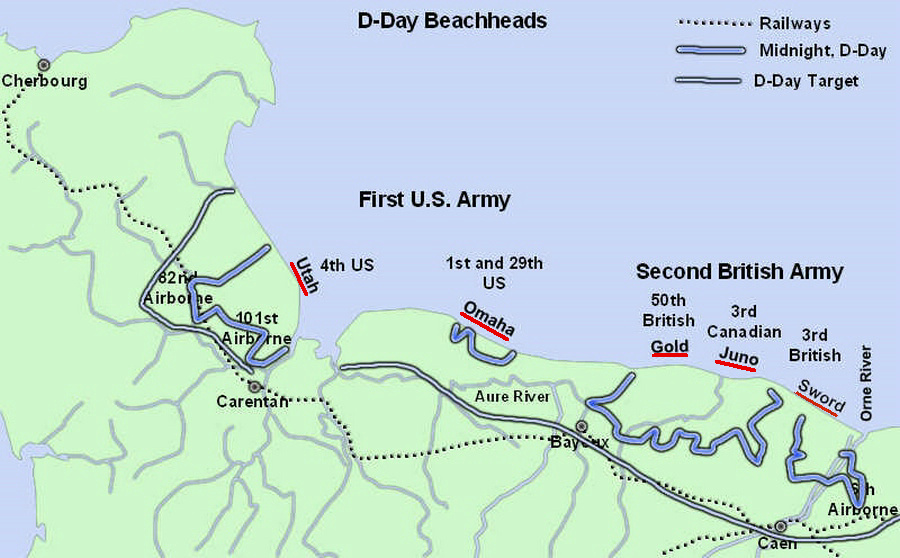 诺曼底登陆作战态势图（宝剑、朱诺、黄金、奥马哈和犹他海滩） 