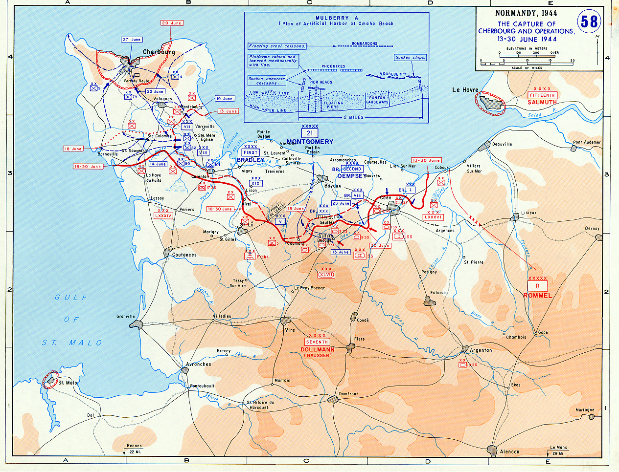 1944年6月13日至30日盟军在法国诺曼底地区作战的地图 